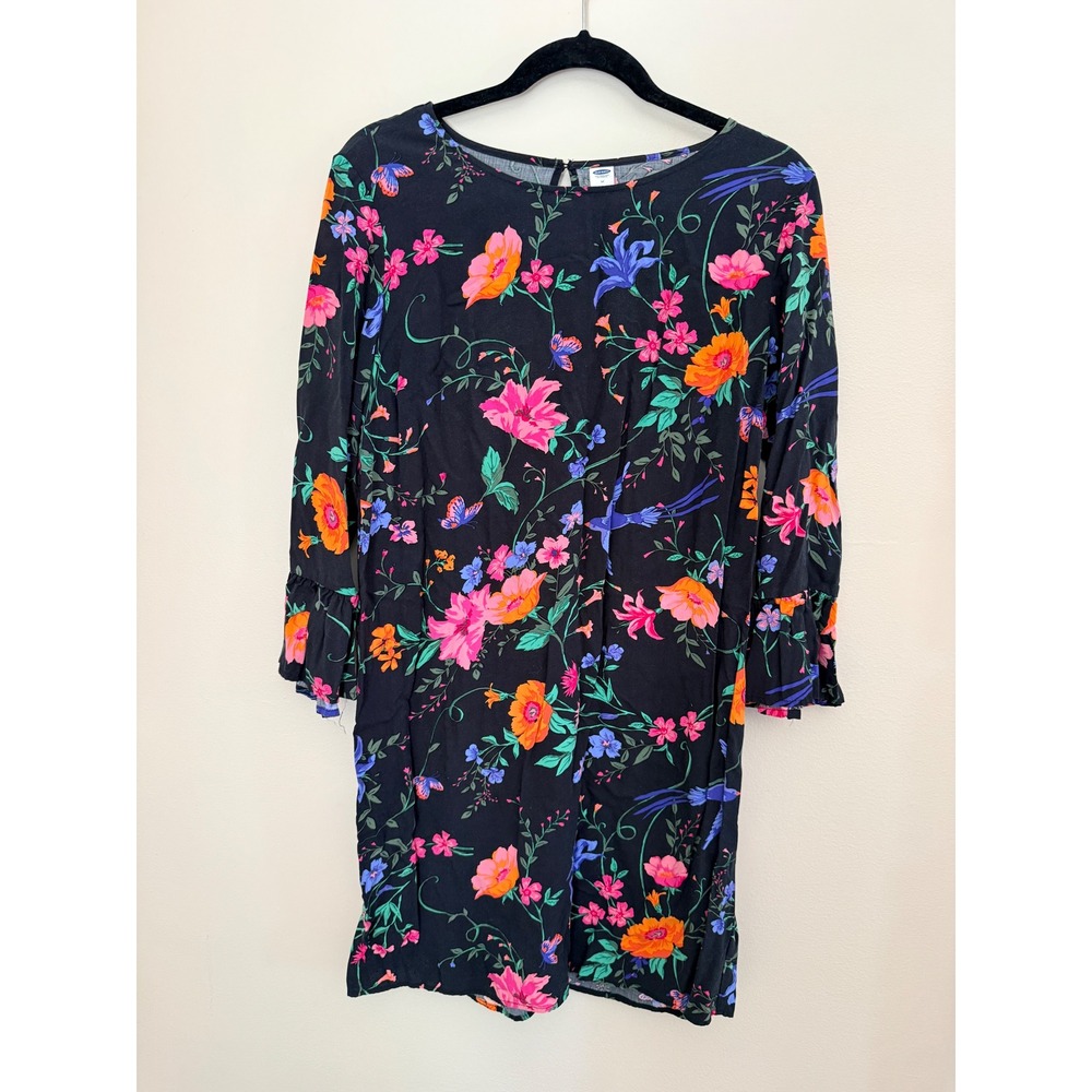 Old Navy Womens Black Floral Ruffle Sleeve Rayon Shift Dress Size M Mini Tunic